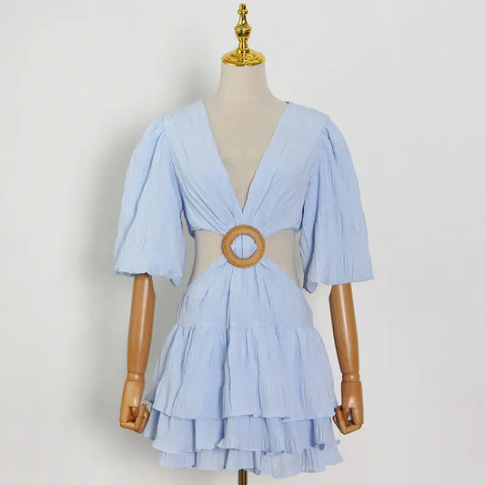 Solid Color V-neck Puff Sleeve Dress for Women