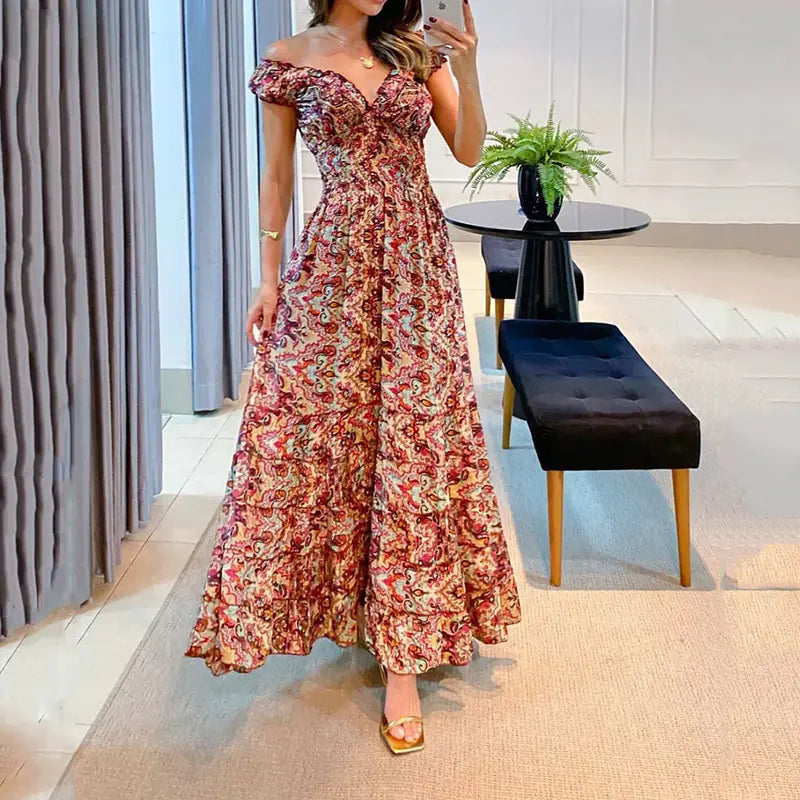 2023 Summer V-Neck Printed Ruffle Dress for Women