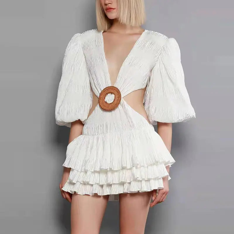 Solid Color V-neck Puff Sleeve Dress for Women
