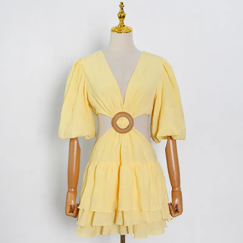 Solid Color V-neck Puff Sleeve Dress for Women