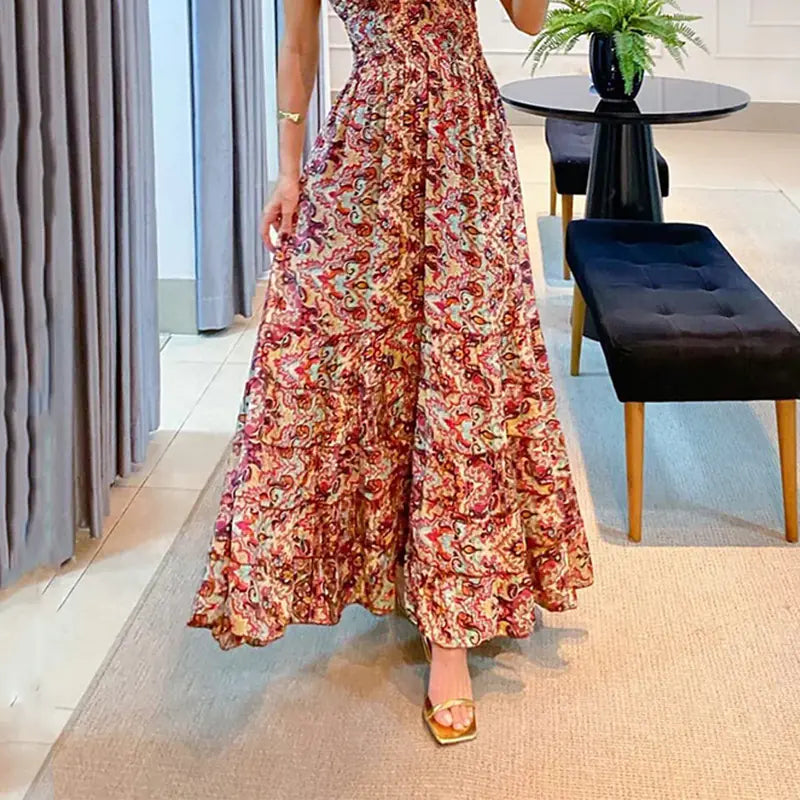 2023 Summer V-Neck Printed Ruffle Dress for Women