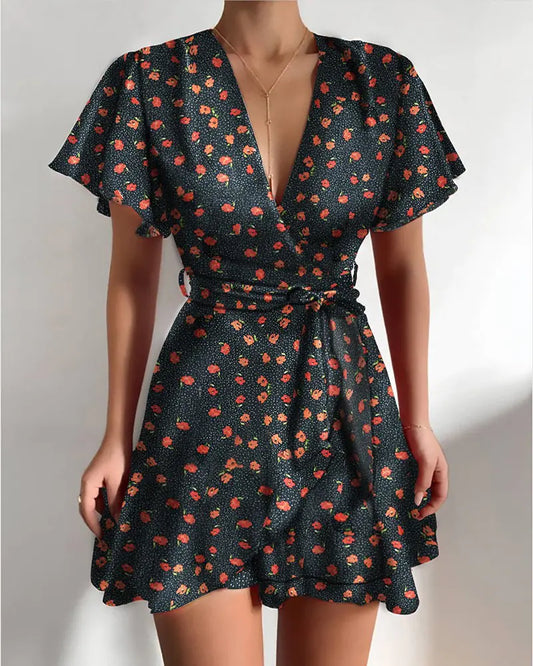 Multicolor Floral V Neck Ruffle Wrap Dress for Women