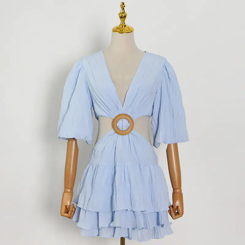 Solid Color V-neck Puff Sleeve Dress for Women