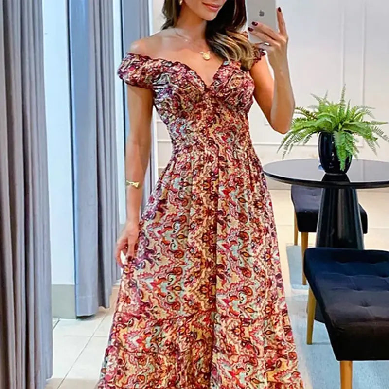 2023 Summer V-Neck Printed Ruffle Dress for Women
