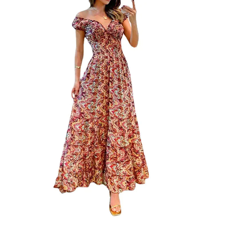 2023 Summer V-Neck Printed Ruffle Dress for Women