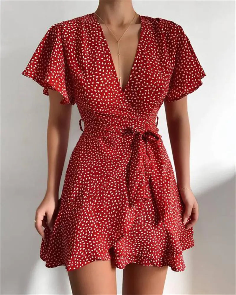Multicolor Floral V Neck Ruffle Wrap Dress for Women