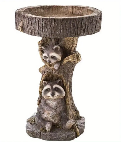 Polyresin Bird Bath Bowl with Raccoon Statue Decor