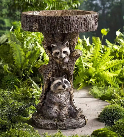 Polyresin Bird Bath Bowl with Raccoon Statue Decor