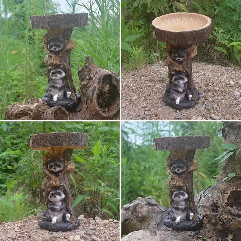 Polyresin Bird Bath Bowl with Raccoon Statue Decor