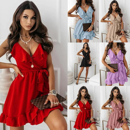 Summer V-Neck Sleeveless Irregular Ruffle Dress for Women